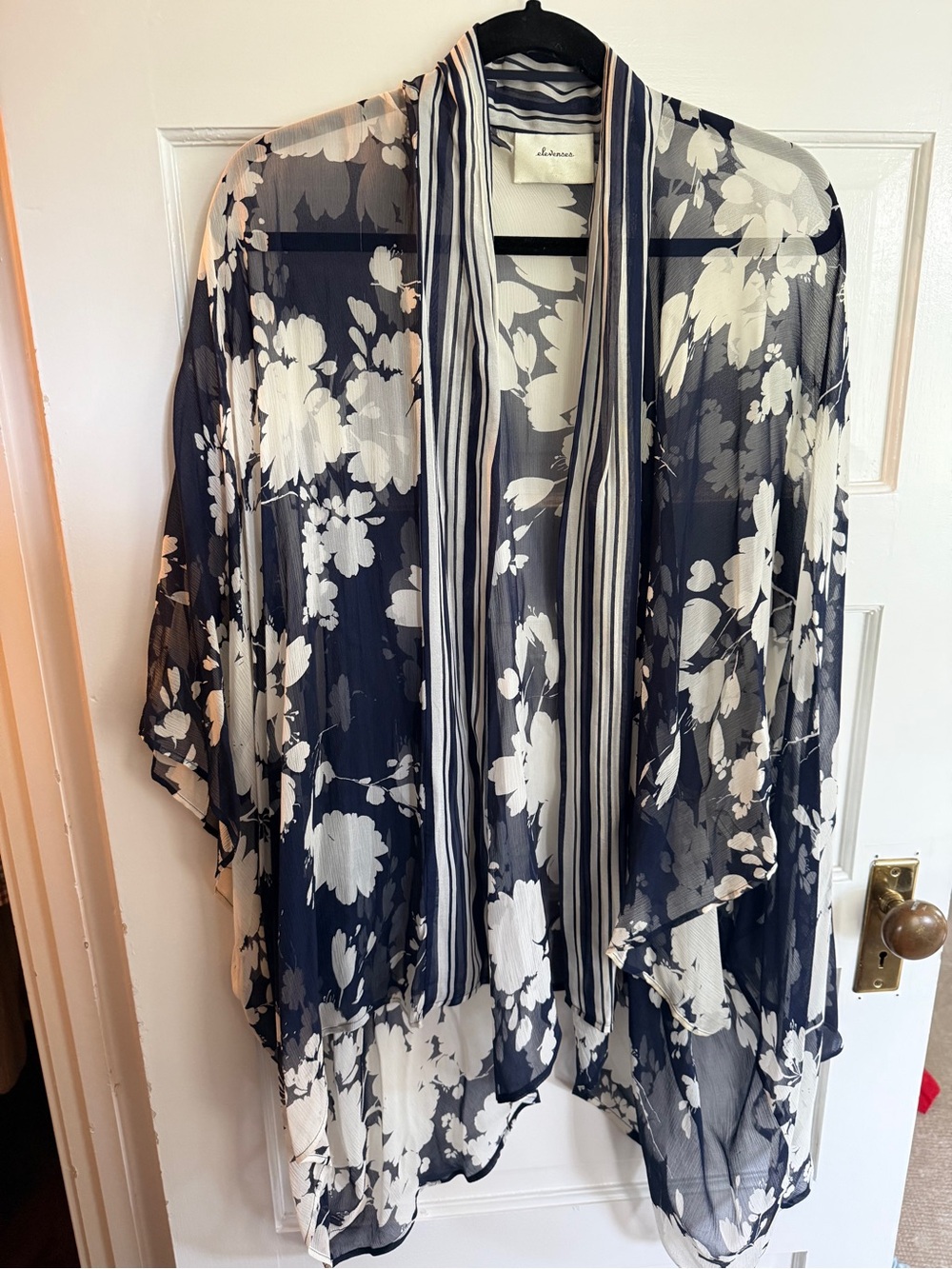 100% Silk Elevenses Navy & White Floral Sheer Kimono Cardigan